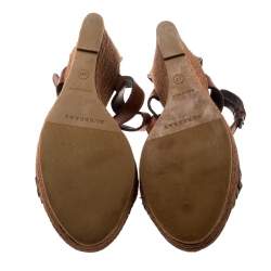 Burberry Brown Leather And Canvas Espadrille Ankle Wrap Wedge Platform Sandals Size 40