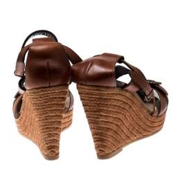 Burberry Brown Leather And Canvas Espadrille Ankle Wrap Wedge Platform Sandals Size 40