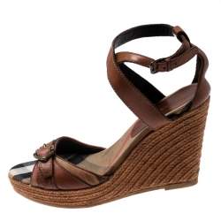 Burberry Brown Leather And Canvas Espadrille Ankle Wrap Wedge Platform Sandals Size 40