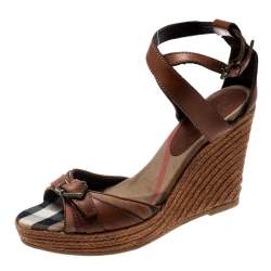 Burberry Brown Leather And Canvas Espadrille Ankle Wrap Wedge Platform Sandals Size 40