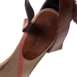 Burberry Brown Leather And Canvas Espadrille Ankle Wrap Wedge Platform Sandals Size 40
