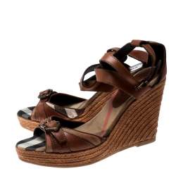 Burberry Brown Leather And Canvas Espadrille Ankle Wrap Wedge Platform Sandals Size 40