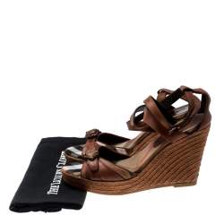 Burberry Brown Leather And Canvas Espadrille Ankle Wrap Wedge Platform Sandals Size 40