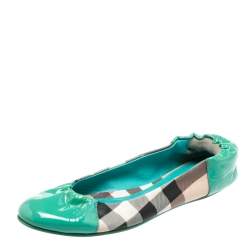 Pre Owned Burberry Turquoise House Check Patent Leather and PVC Cap Toe Ballet Flats Size 38.5