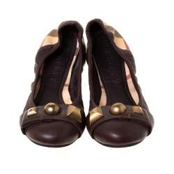 Pre Owned Burberry Dark Brown Nova Check PVC and Leather Studs Round Ballerina Flats Size 41