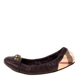 Pre Owned Burberry Dark Brown Nova Check PVC and Leather Studs Round Ballerina Flats Size 41