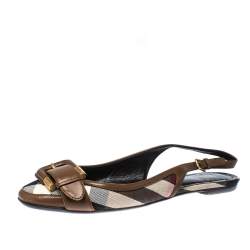 Burberry Brown Nova Check Canvas and Leather Buckle Belt Slingback Flats Size 40