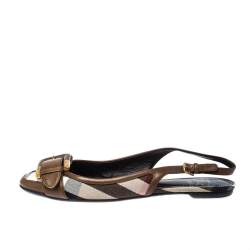 Burberry Brown Nova Check Canvas and Leather Buckle Belt Slingback Flats Size 40