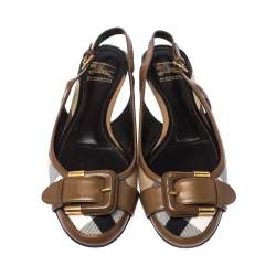 Burberry Brown Nova Check Canvas and Leather Buckle Belt Slingback Flats Size 40
