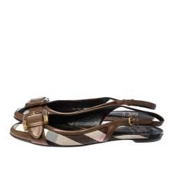 Burberry Brown Nova Check Canvas and Leather Buckle Belt Slingback Flats Size 40