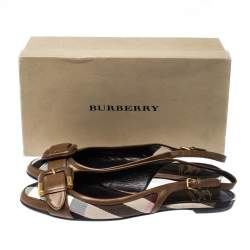 Burberry Brown Nova Check Canvas and Leather Buckle Belt Slingback Flats Size 40