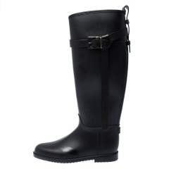 Pre Owned Burberry Black Leather Roscot Belted Rain Boots Size 36