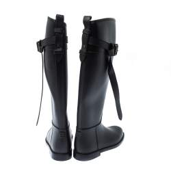 Pre Owned Burberry Black Leather Roscot Belted Rain Boots Size 36