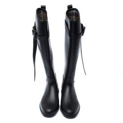 Pre Owned Burberry Black Leather Roscot Belted Rain Boots Size 36