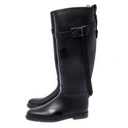 Pre Owned Burberry Black Leather Roscot Belted Rain Boots Size 36