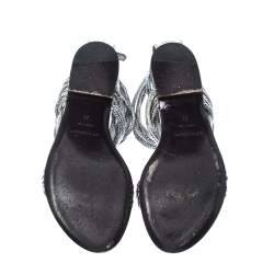 Pre Owned Burberry Metallic Silver Foil Leather Ankle Strap Flat Sandals Size 35