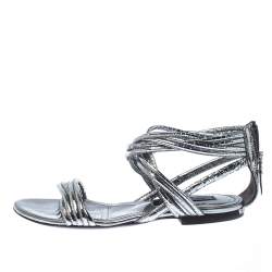 Pre Owned Burberry Metallic Silver Foil Leather Ankle Strap Flat Sandals Size 35