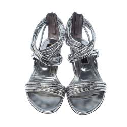 Pre Owned Burberry Metallic Silver Foil Leather Ankle Strap Flat Sandals Size 35