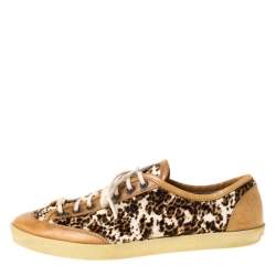 Pre Owned Burberry Brown Leather And Pony Hair Leopard Print Lace Up Sneakers Size 39