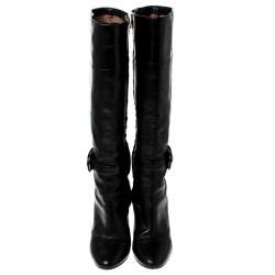 Pre Owned Burberry Black Leather Buckle Pointed Toe Knee Length Boots Size 37