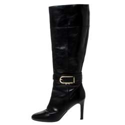 Pre Owned Burberry Black Leather Buckle Pointed Toe Knee Length Boots Size 37