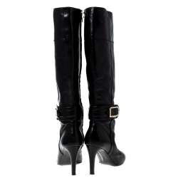 Pre Owned Burberry Black Leather Buckle Pointed Toe Knee Length Boots Size 37