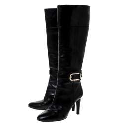 Pre Owned Burberry Black Leather Buckle Pointed Toe Knee Length Boots Size 37