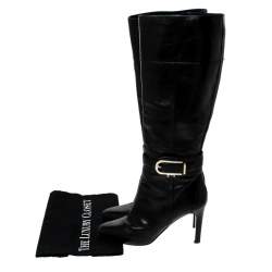 Pre Owned Burberry Black Leather Buckle Pointed Toe Knee Length Boots Size 37