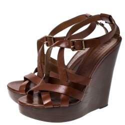 Pre Owned Burberry Brown Leather Strappy Wedge Platform Sandals Size 38