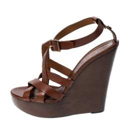 Pre Owned Burberry Brown Leather Strappy Wedge Platform Sandals Size 38