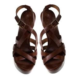 Pre Owned Burberry Brown Leather Strappy Wedge Platform Sandals Size 38