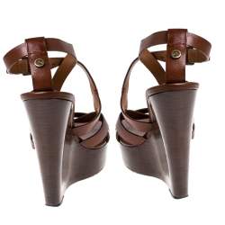 Pre Owned Burberry Brown Leather Strappy Wedge Platform Sandals Size 38