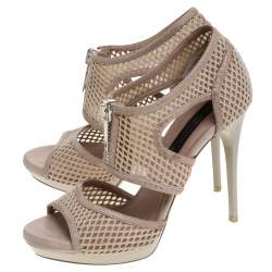 Pre Owned Burberry Beige Cotton Lace And Leather Trim Cut Out Platform Ankle Sandals Size 37
