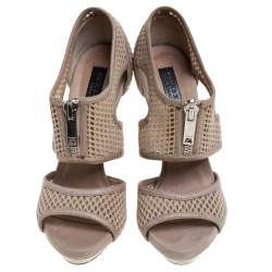 Pre Owned Burberry Beige Cotton Lace And Leather Trim Cut Out Platform Ankle Sandals Size 37