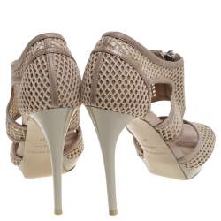 Pre Owned Burberry Beige Cotton Lace And Leather Trim Cut Out Platform Ankle Sandals Size 37