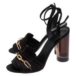 Burberry Black Satin Gold Link Detail Perspex Block Heel Sandals Size 39.5