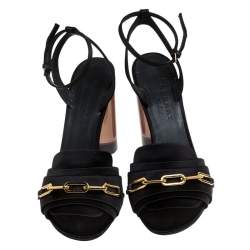 Burberry Black Satin Gold Link Detail Perspex Block Heel Sandals Size 39.5