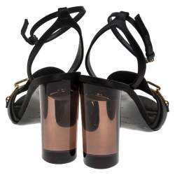 Burberry Black Satin Gold Link Detail Perspex Block Heel Sandals Size 39.5