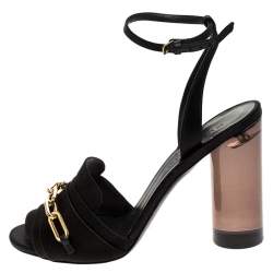 Burberry Black Satin Gold Link Detail Perspex Block Heel Sandals Size 39.5