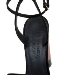 Burberry Black Satin Gold Link Detail Perspex Block Heel Sandals Size 39.5