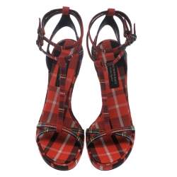 Burberry Red Checkered Wool Hans T Strap Sandals Size 41