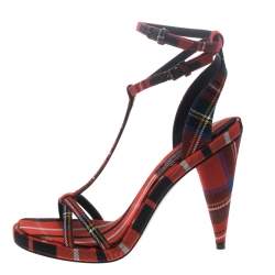 Burberry Red Checkered Wool Hans T Strap Sandals Size 41