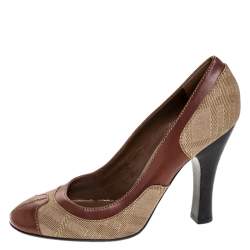 Pre Owned Burberry Brown/Beige Leather and Canvas Wooden Heel Pumps Size 40