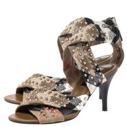 Burberry Beige Nova Check Criss Cross Canvas Spike Studded Open Toe Sandals Size 37