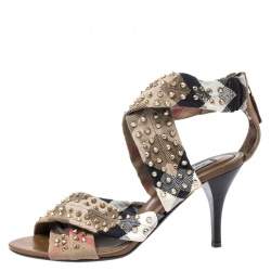 Burberry Beige Nova Check Criss Cross Canvas Spike Studded Open Toe Sandals Size 37