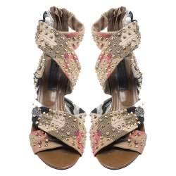 Burberry Beige Nova Check Criss Cross Canvas Spike Studded Open Toe Sandals Size 37
