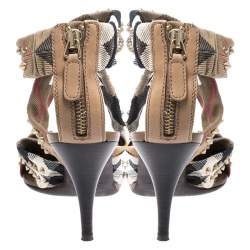 Burberry Beige Nova Check Criss Cross Canvas Spike Studded Open Toe Sandals Size 37