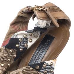 Burberry Beige Nova Check Criss Cross Canvas Spike Studded Open Toe Sandals Size 37