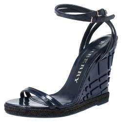 Burberry Navy Blue Patent Leather Strappy Wedge Sandals Size 40