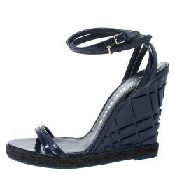 Burberry Navy Blue Patent Leather Strappy Wedge Sandals Size 40